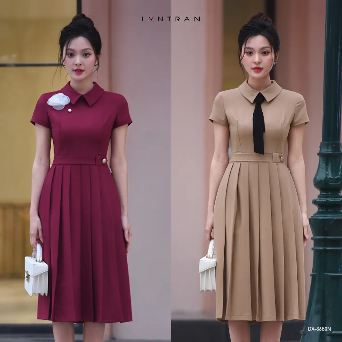 Đầm xòe công sở cổ đức xếp ly, váy xòe dự tiệc ngắn tay LYNTRAN DX-3650N Nữ Women Dress Đỏ, Nude