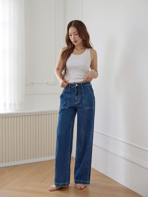 Hashtagem Quần Ống Rộng Wide Leg Cargo Jeans 2 Túi Hộp Lưng Cao Chất Cotton Màu Xanh Thời Trang CJ.3 Nữ Pants Women Voi