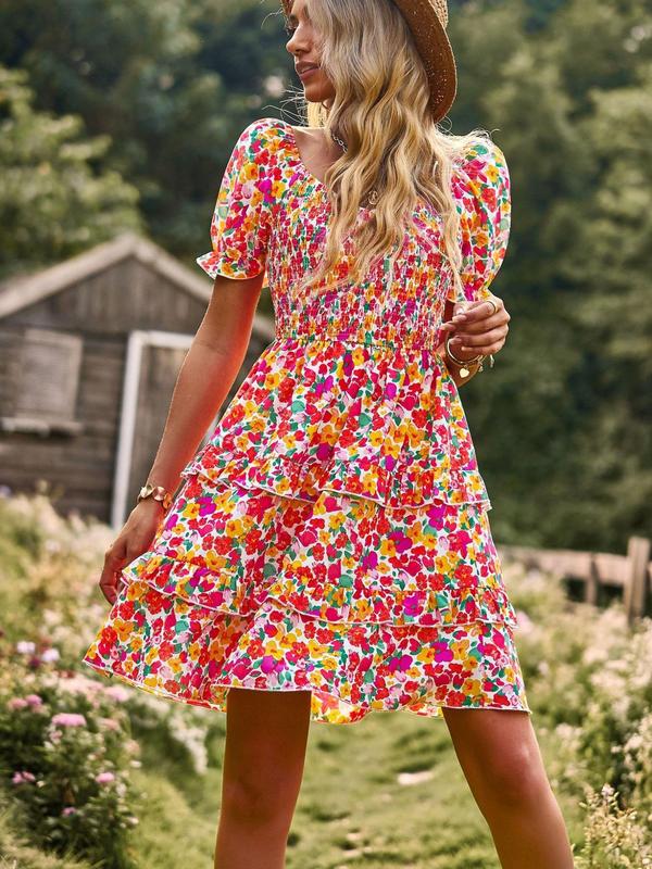 Women's Ditsy Floral Print Off Shoulder Shirred A Line Dress, Summer Clothes Women, Puff Sleeve Tiered Layer Ruffle Short Dress for Beach 3