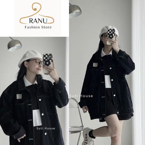 Áo khoác denim túi hộp form rộng kiểu dáng đơn giản, Áo khoác jeans chỉ nổi unisex phong cách ulzzang Hàn Quốc Ranu