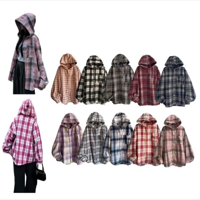 Áo Khoác Sơ Mi Kẻ Caro Flannel Nam Nữ Có Nón Trùm Đầu SMN