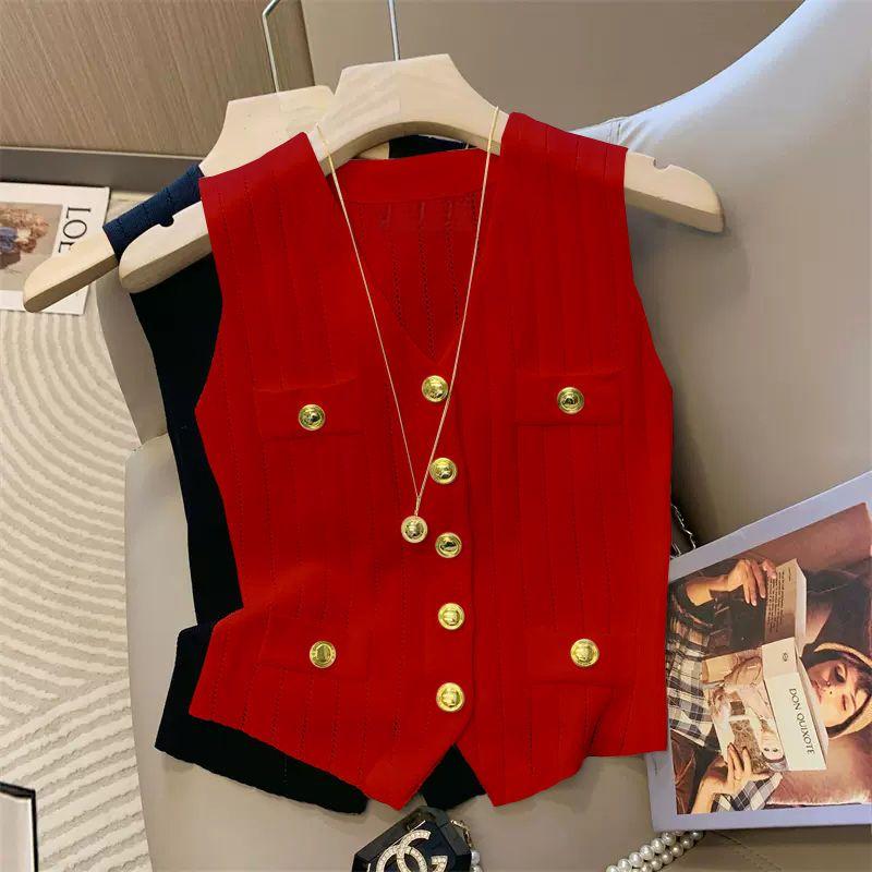 Product Introduction of Áo Vest Dệt Kim Lụa Lạnh Cổ Chữ V, Phong Cách Sang Trọng Kiểu Pháp, Không Tay, Dành Cho Nữ, Hàng Mới Về Mùa Hè 2024 Women Top 7