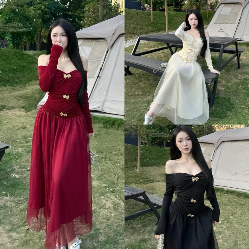 Váy dự tiệc sang chảnh đầm thiết kế cao cấp L1 trễ vai thân nhũ kim cương phối tag chân váy lưới đi chơi đi tiệc mặc tết maxi Nữ Women Dress Lịch body váy dự tiệc đám cưới dài tay váy đỏ ngắn xoè đồ dự tiệc váy trang xinh