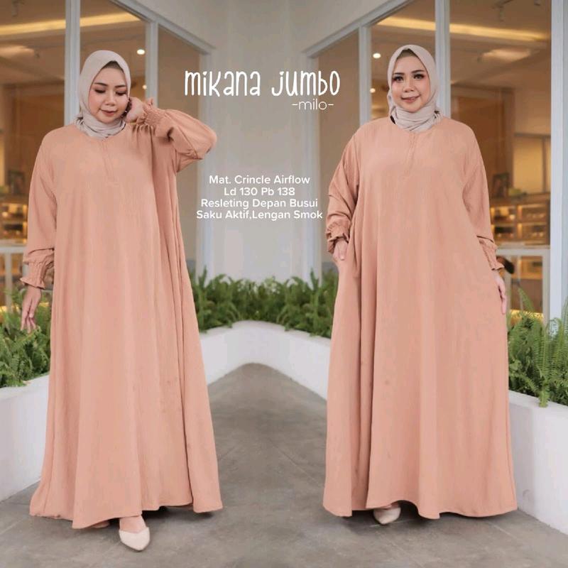 Gamis Mikana Jumbo Bahan Crinkle Airflow LD 130 PB 140 Busui Saku Aktif Lengan Smok Muat Bb 100 Kg Lembut Dingin 1