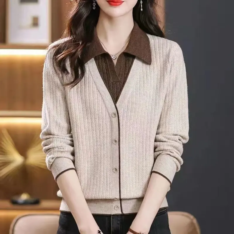 Áo Len Cổ Polo, Hàng Mới Về 2024, Dành Cho Nữ, Dáng Rộng Rãi, Thích Hợp Cho Mùa Xuân Và Mùa Thu, Dễ Phối Đồ, Có Thể Mặc Ngoài Trời, Phong Cách Phương Tây, Áo Sơ Mi Lớp Nền Dệt Kim, Thời Trang Nữ 4