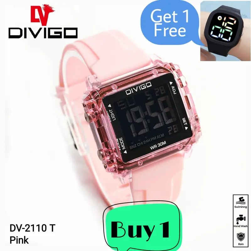 Jam Tangan Wanita DIVIGO DV-2110 Transparan Original Digital Kotak Strab Rubber Tahan Air Digital Besi Stainless 0