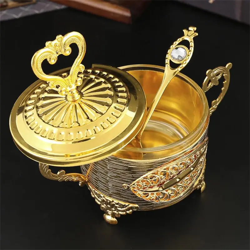 European Style Storage Jar with Lid & Spoon, 1 Count Exquisite Vintage Spice Tea Coffee Sugar Storage Box, Desktop Decoration for Home Kitchen Dining Room, Bottles 2