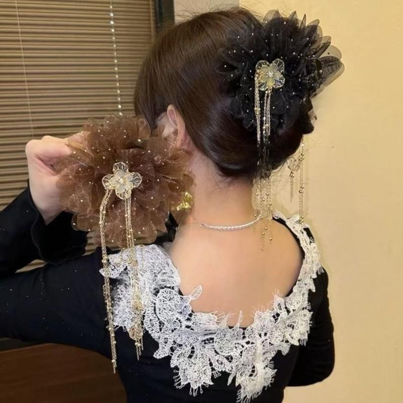 Kẹp Tóc Càng Cua, Thiết Kế Hoa Mẫu Đơn Thanh Lịch, Phụ Kiện Cài Tóc, Kẹp Tóc Tua Rua, Dành Cho Nữ 0
