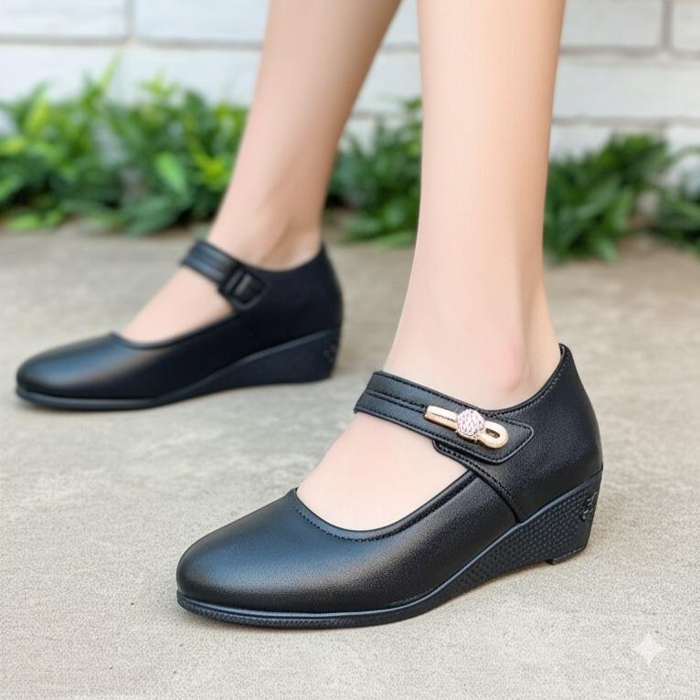 Giày  Nữ trung niên đế xuồng cao  3cm  Có Quai mũi tròn đính hoa lịch sự  Shoes Cao Su Jean Đế Cao 