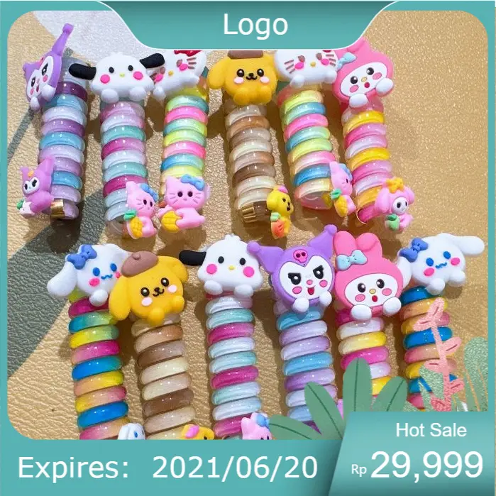 2 PCS Ikat Rambut Spiral Motif Lucu Karet Rambut Ulir/Ikat Rambut Anak Ulir Spiral Motif Kuromi Labubui Ungu Lucu Karet Rambut