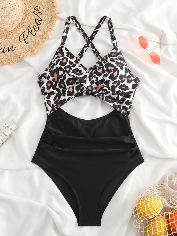 Women's Colorblock Criss Cross Cut Out Draped Swimsuit, Casual Adjustable Strap Knot Back One Piece Swimwear for Summer, Swimsuit for Women, Tankini Swimsuits for Women Valentine's Day, gift 4