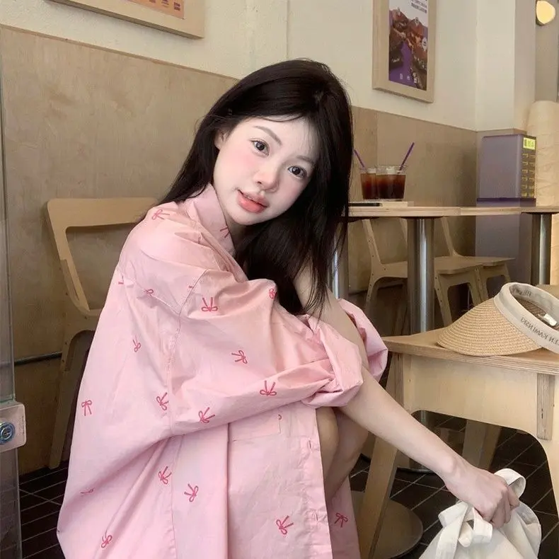Áo Sơ Mi Dài Tay Thường Ngày Cho Nữ, Màu Hồng, In Hình Nơ, Hàng Mới Về Mùa Thu, Phong Cách Ngọt Ngào Và Rộng Rãi, Áo Cardigan Dài Trung Bình Hợp Xu hướng 0