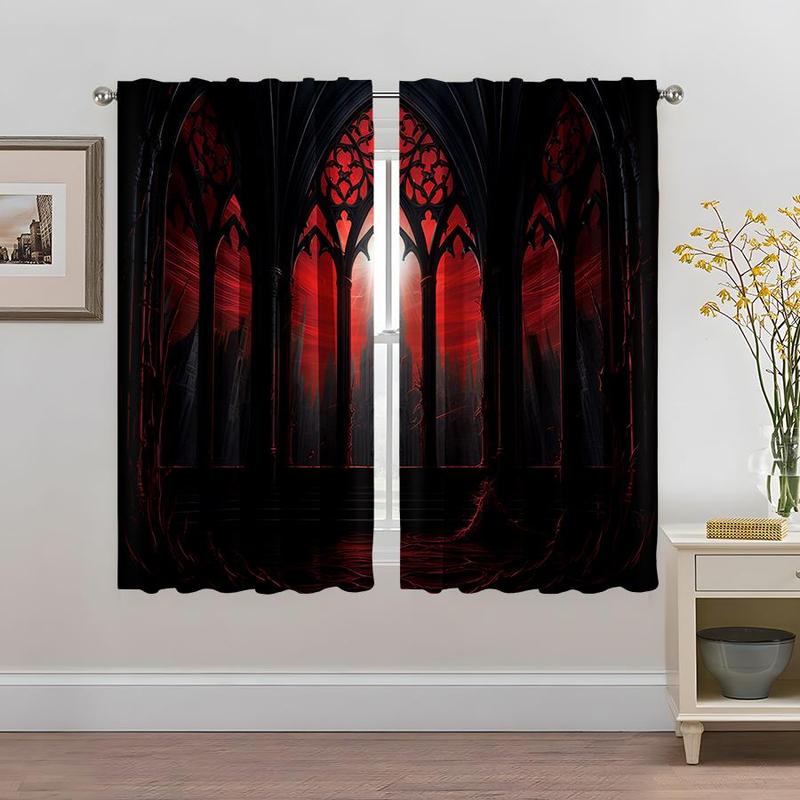 Product Introduction of Gothic Castle Print Black Out Curtain, 2 Counts Creative Decorative Curtain for Bedroom Living Room 14
