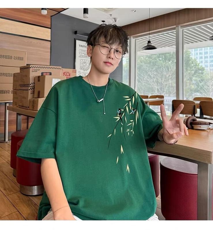 Product Introduction of Popular fashion bamboo print loose T-shirt cotton print short sleeve plus size tee for men 30