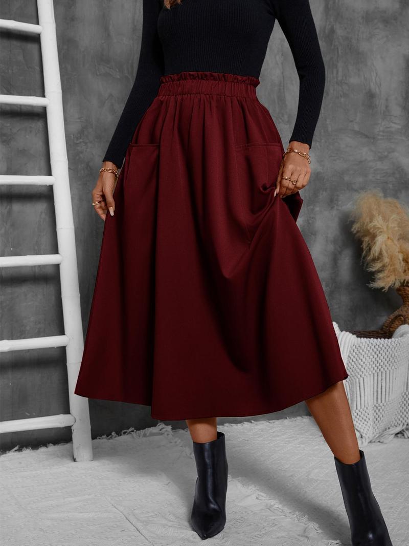 Product Introduction of 【2025】Women's Solid Frill Trim Elastic Waist Skirt, Casual Fashion Pocket A Line Midi Skirt for Daily Outdoor Wear, Women's Bottoms for Spring & Fall 6