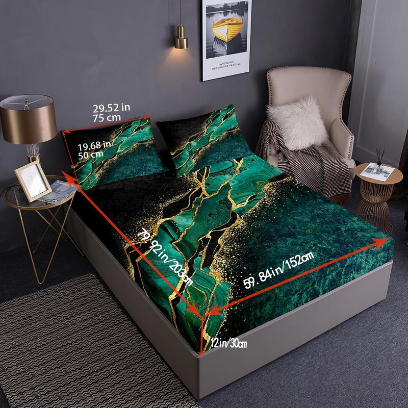 1 Count Marble Print Fitted Sheet & 2 Counts Pillowcase Set without Filler, Soft Comfortable Bedding Set, Bedding Supplies for Home Bedroom & Hotel, Christmas Gifts, Christmas Decorations 8