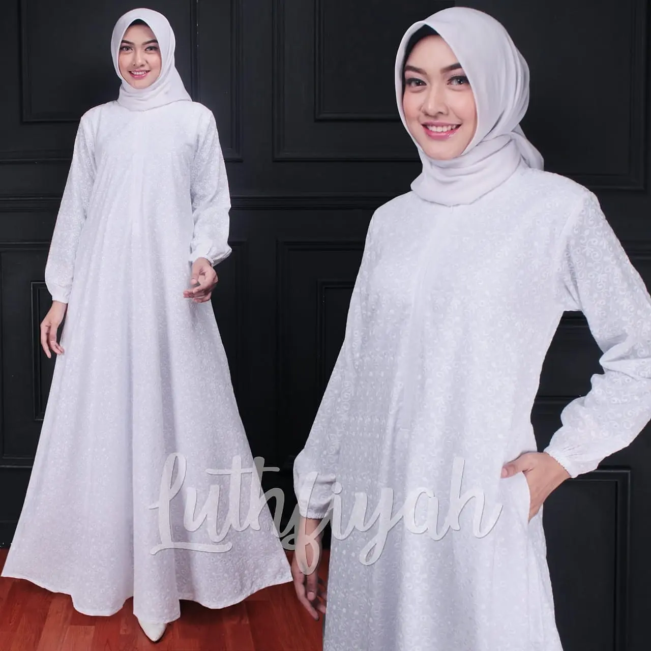 Gamis Katun Jepang Model Klok Setengah Payung Putih Bersih Dan Hitam Katun Poliester Polos Bunga Hitam muslim tangan wanita Panjang
