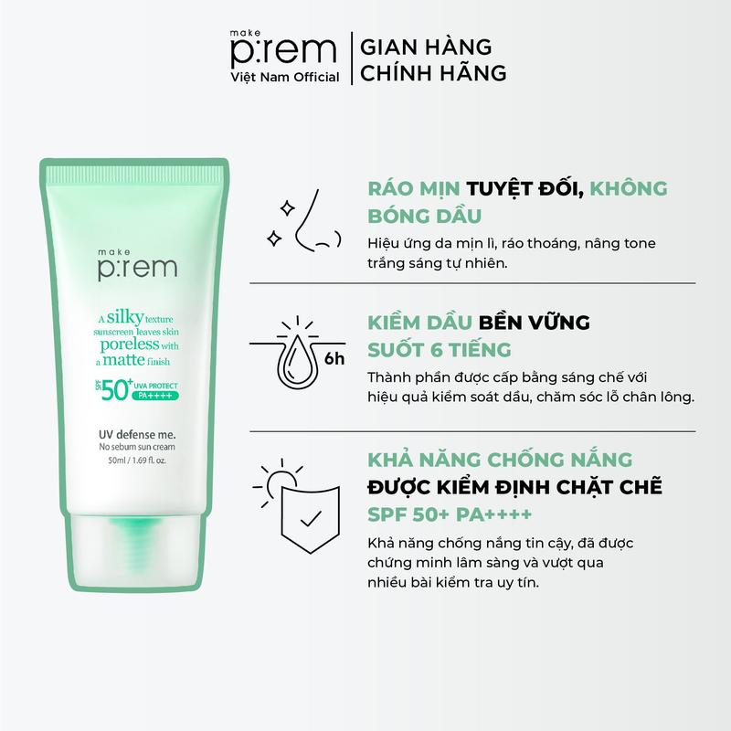 Make P:rem Kem Chống Nắng Vật Lý No Sebum Sun Cream Kiềm Dầu Suốt 6H SP