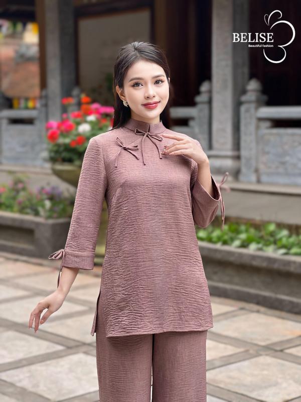 Pháp phục chất đũi xước nâu khoai môn cổ tàu có nơ trang trí - Belise Fashion Nữ Voi Women Áo 0