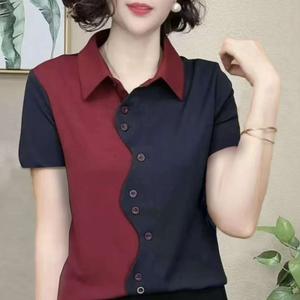 Mom Fashion Polo Shirts Trendy Loose Lapel T-Shirt Women Summer New Version Stand Collar Blouse Lady Top Polo Collar Tees