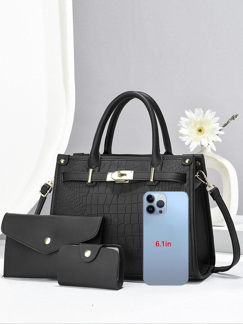 Product Introduction of Women's Fashionable Crocodile Embossed Tote Bag & Wallet & Clutch Bag, Large Capacity Pu Tote Bag with Shoulder Strap, Casual Trendy Versatile High-quality Daily Commuting  Bag Set 3