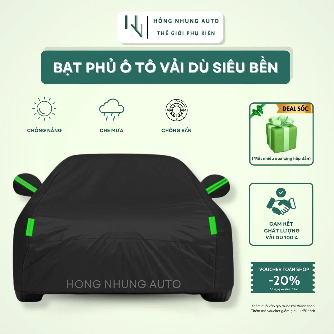 Bạt phủ toàn xe vải dù 190T siêu bền chống xước, chống nắng, chống mưa cho ô tô - phiên bản màu đen cao cấp