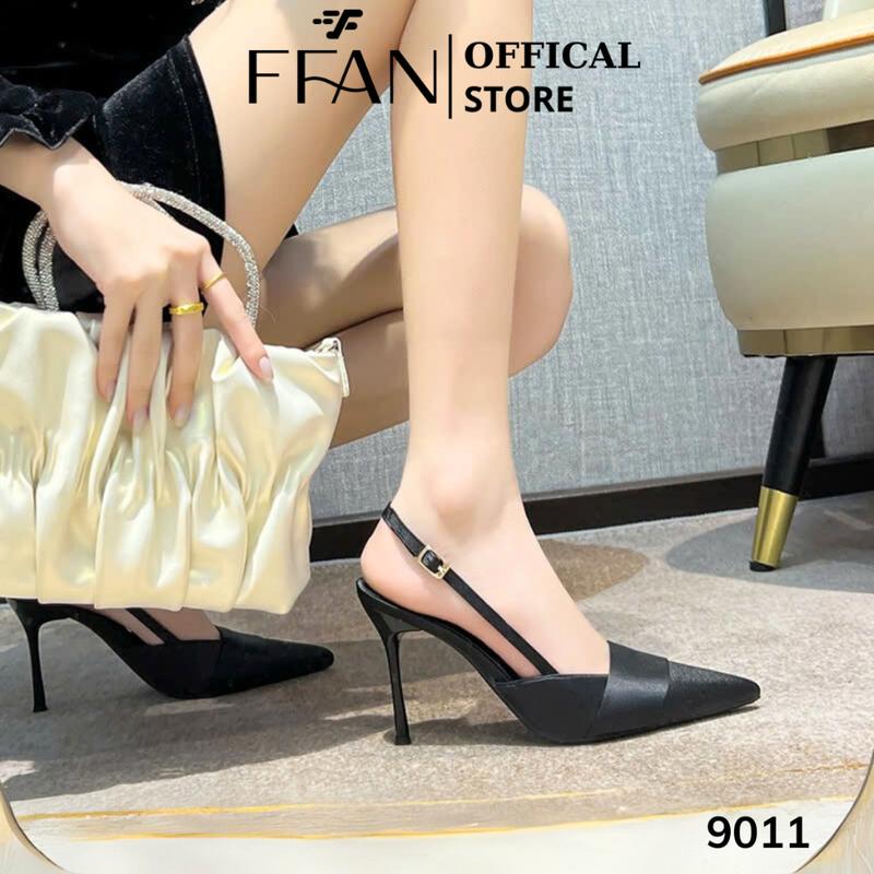 Giày cao gót mũi nhọn hở gót [lụa satin mềm mại] 9011 FFAN STORE, gót nhọn 7 9 phân bít mũi bigsize màu đen