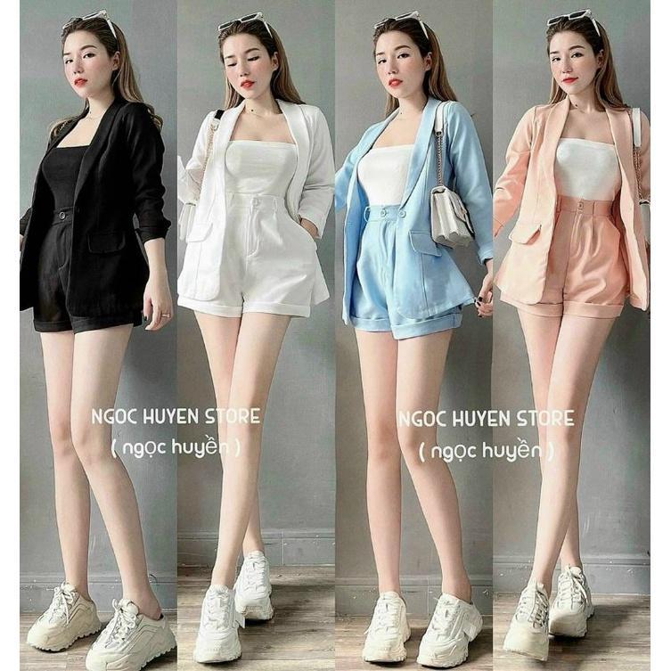 Sét bộ thời trang nữ đi tiệc chất for áo ves tay dài có túi áo lót cotton quần đùi lưng thun có túi mini siêu xinh