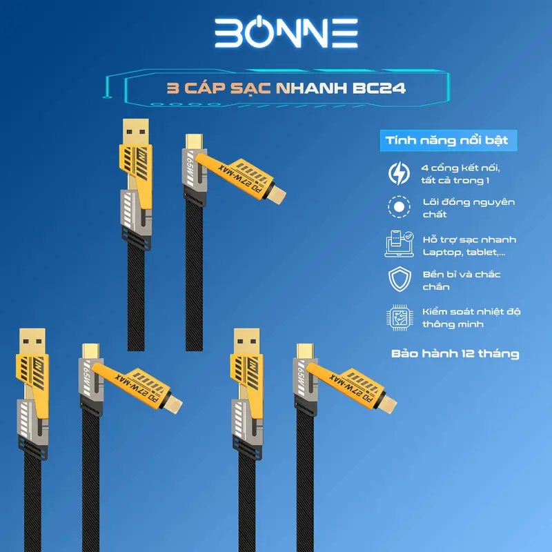 COMBO 3 Cáp sạc nhanh Bonne TECHNOLOGIQUE BC24, cáp sạc nhanh điện thoại 4 in 1 by Bonne Technologique, sạc chống gẫy chính hãng bảo hành 12 tháng.[phụ kiện, [phụ kiện, sạc điện thoại], sạc điện thoại] 1