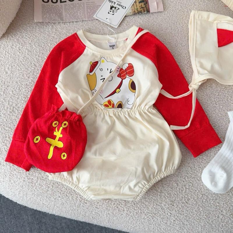 SET BODYSUIT MÈO THẦN TÀI CHO BÉ TẶNG KÈM MŨ VÀ TÚI CỰC YÊU, ÁO TẾT CHO BÉ 6