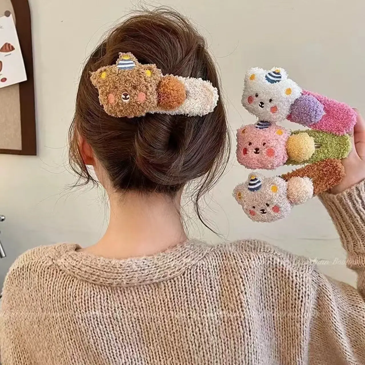 Kẹp Mỏ Vịt Gấu Dễ Thương, Len Lông Cừu, 3D, Phụ Kiện Tóc Rửa Mặt Và Tóc, Kẹp Tóc Mái Bên Lớn, Cho Bé Gái, Nhiều Màu Sắc