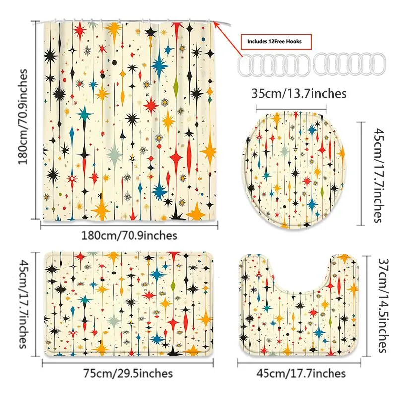 Star Print Shower Curtain Set, 1/4 Counts Including Shower Curtain & U-shaped Mat & Toilet Lid Cover & Bath Mat, Bathroom Accessories with Hooks 1