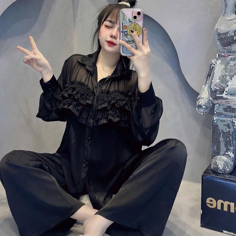 Bộ Đồ Ngủ Nữ Women Quần Dài Chất Lụa Latin Áo Tay Dài Voan Có Lót Trong ,Freesize (40-60kg) Nữ pizamanu