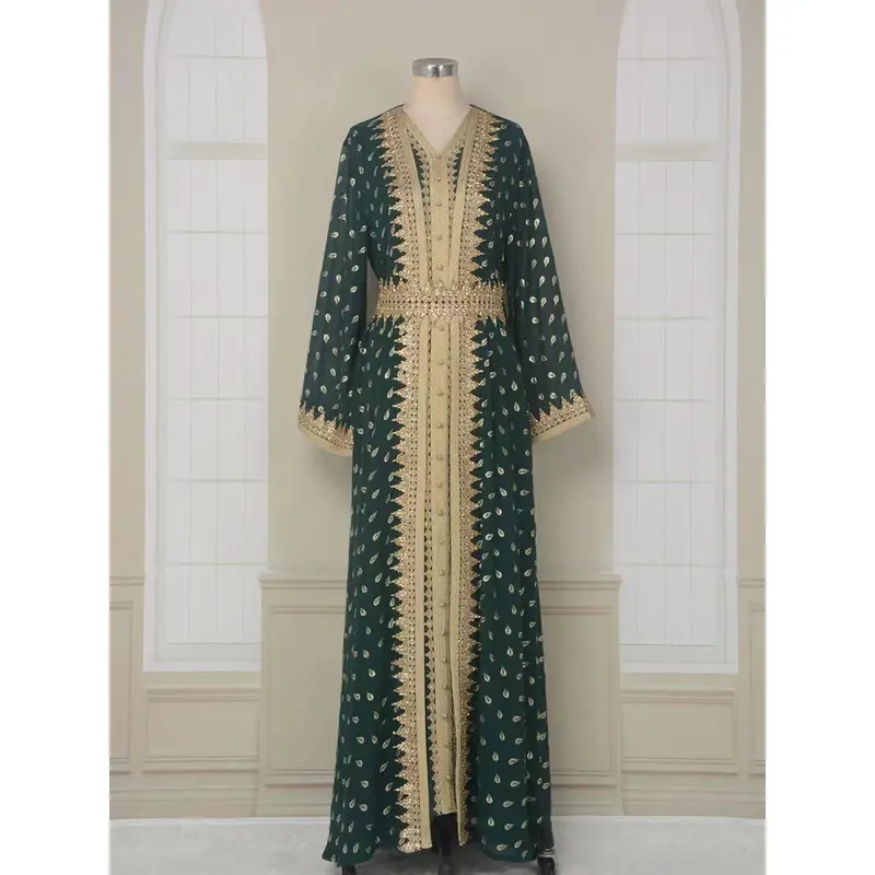 2025 Muslim Cardigan Vest Robe Gold Lace Elegant Graceful Dress Abaya 5