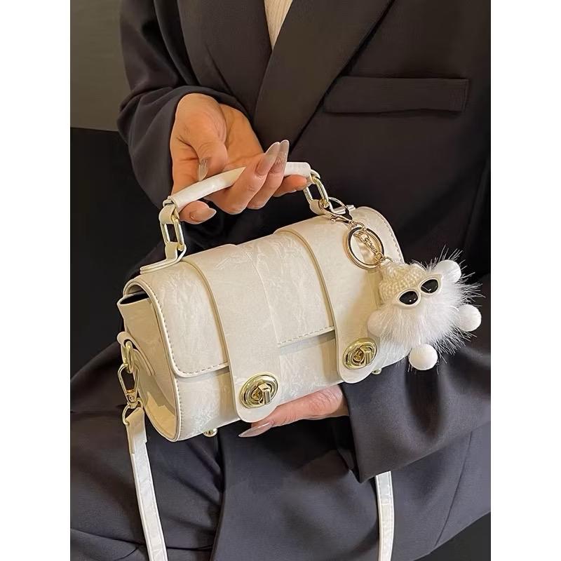 ￼Túi Xách Nữ Cầm Tay Đeo Chéo 2 Dải Da Nhung Kèm Móc Treo Gấu Xinh Xắn Bag Kem 0