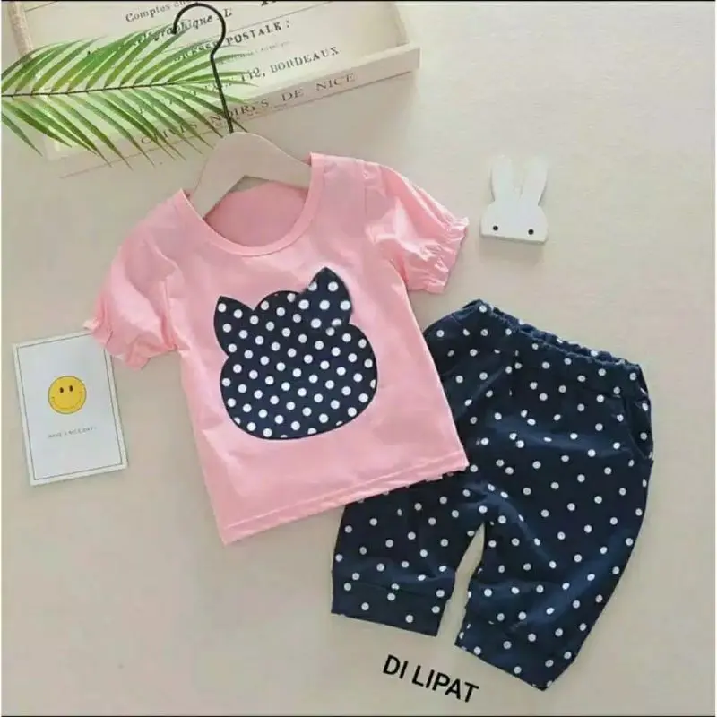 Setelan anak perempuan/celana 3/8/setelana anak katun/setelan anak kaos Baju Bear Lengan pendek 1