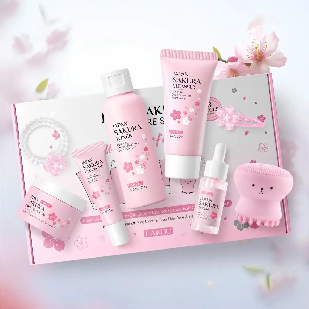 Sakura Skin Care Kit, 8 Counts/set Moisturizing Facial Toner & Serum & Eye Cream, Skin Care Gift Set for Women & Girls