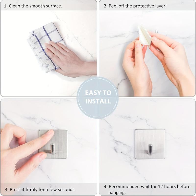 Modern Wall Mounted Sticky Hook, 4 Counts/set Heavy Duty Adhesive Towel Hook, Modern Stainless Steel Sticky Hooks for Bathroom Kitchen Bedroom, Storage Organizers 5
