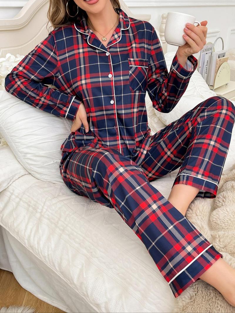 Product Introduction of Two-Piece Set Women's  Lapel Neck Pajama, Long Sleeve Button Front Top & Pants PJ Set, Women's Sleepwear for Fall & Winter 5