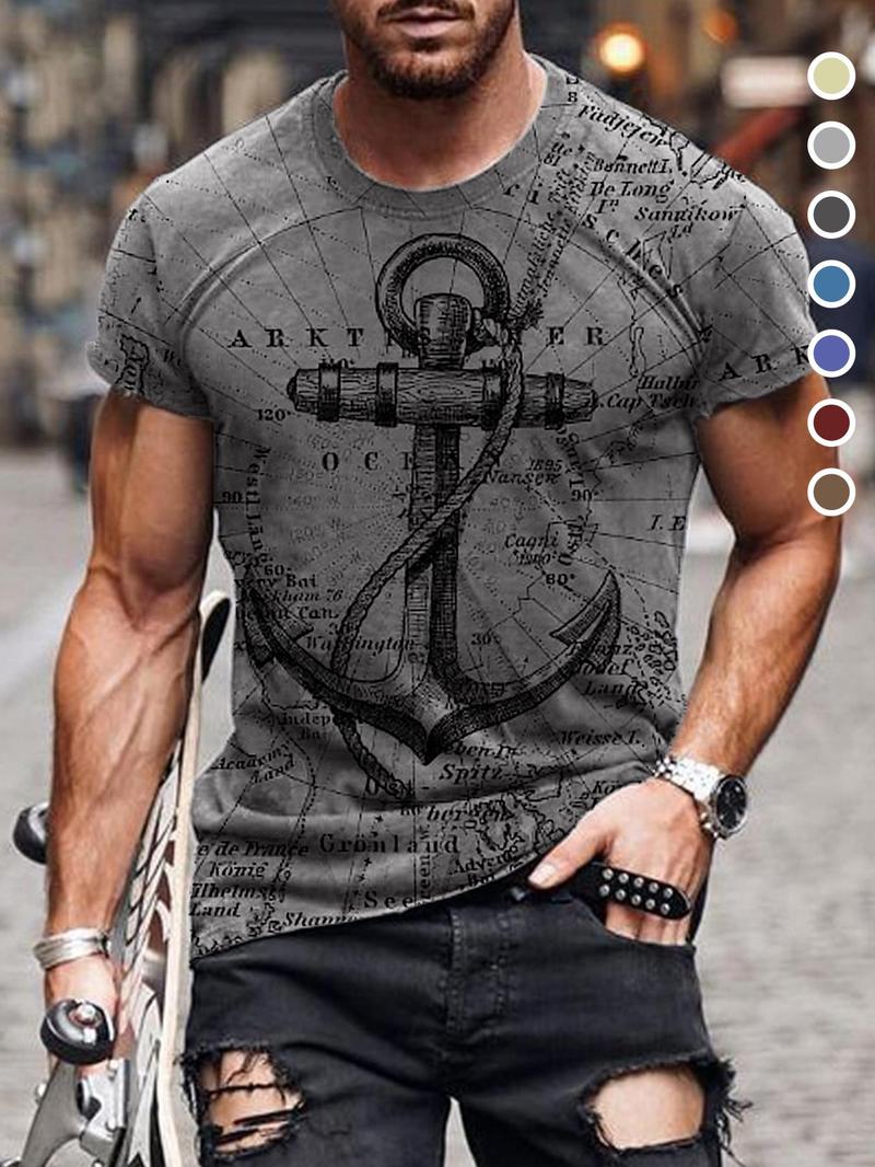Product Introduction of Men's Letter & Anchor Print Round Neck Tee, Summer Clothes Casual Regular Fit Short Sleeve T-Shirt for Summer, Mens Clothes for Daily Wear 10