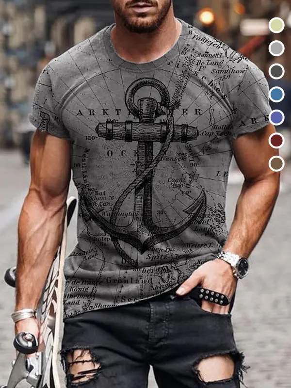 Men's Letter & Anchor Print Round Neck Tee, Summer Clothes Casual Regular Fit Short Sleeve T-Shirt for Summer, Mens Clothes for Daily Wear 4