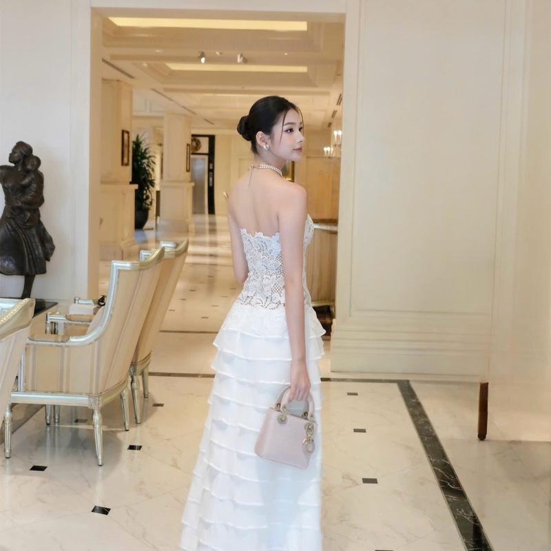 Đầm cúp ngực ren tơ xếp tầng hàng thiết kế nữ - Women Cup Dress Màu Trắng 4