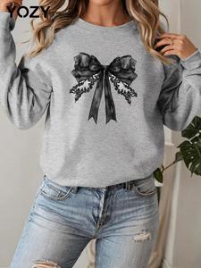 YOZY Women's Bow Print Thermal Lined Sweatshirt, Casual Long Sleeve Round Neck Pullover for Fall & Winter, Ladies Clothes for Daily Wear