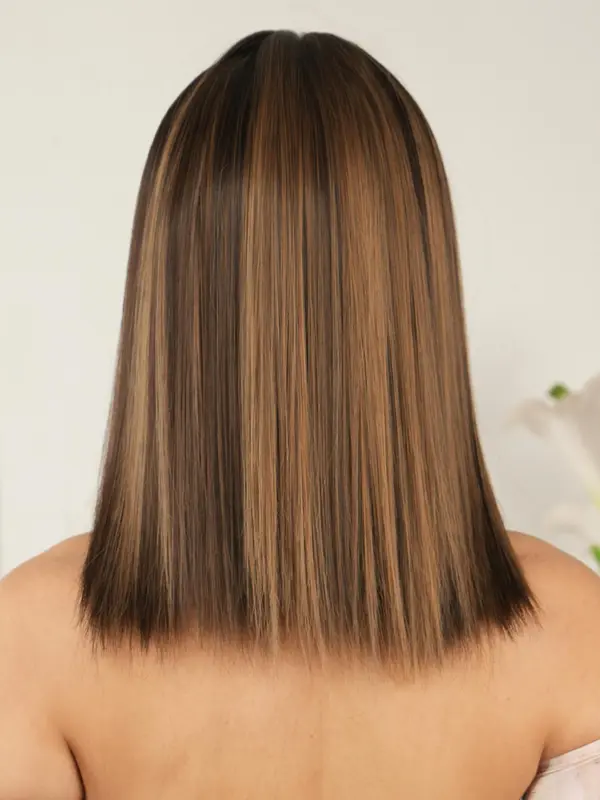 Women's 18 Inch Brown Short Straight Wigs With Bangs, Synthetic Wigs For Party, Daily Use 5