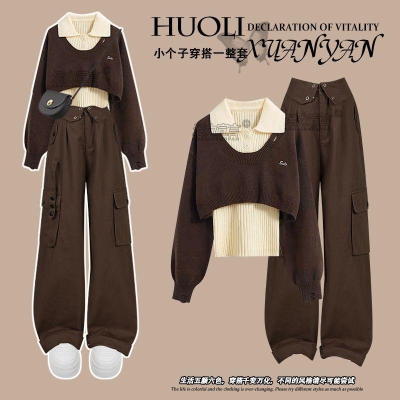 Autumn and Winter Set Women's 2024 New Oversized Knit Sweater Women's Polo Collar Vest Versatile Workwear Pants Three-Piece Set 4