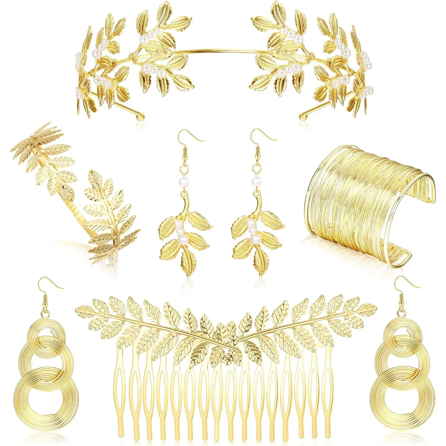 DIAMDAY 6PCS Greek Goddess Costume Accessories Set for Women Golden Laurel Leaf Crown Headbands Arm Spool Bracelet Dangle Earring Bride Wedding Headdress Jewelry Toga Party Gift