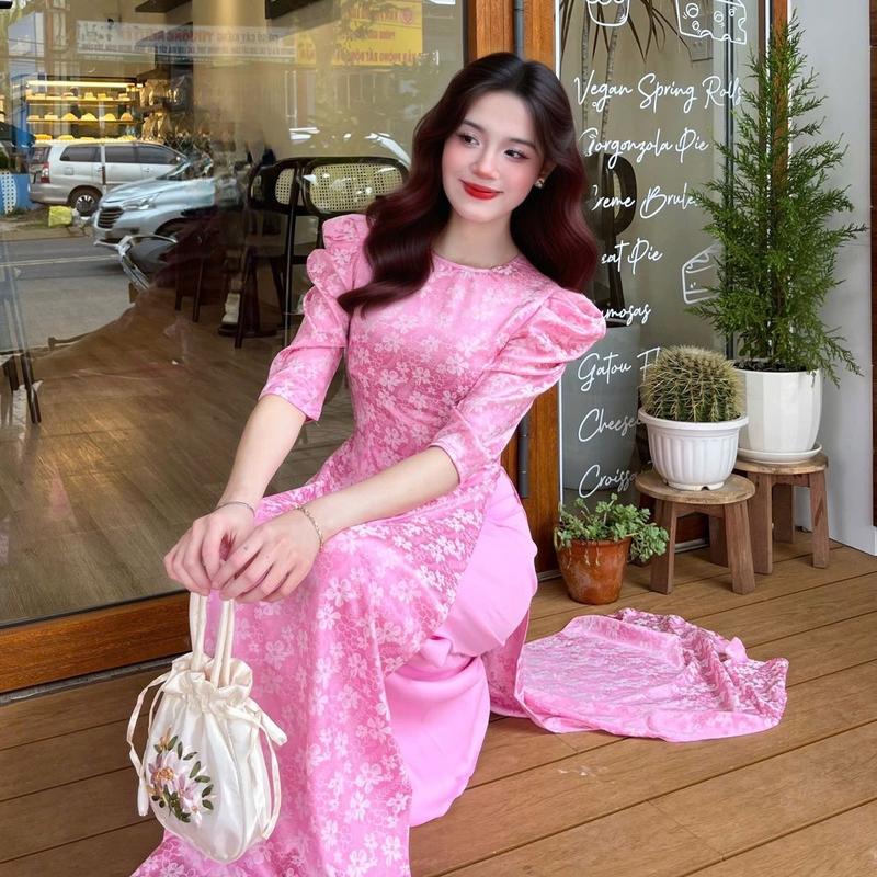   ÁO LẺ KHÔNG QUẦN Áo Dài Gấm  Lụa Mềm MỀM MÀU HỒNG PHẤN CỔ 3Cm TAY DÀI + CỔ KIỀNG TAY LỠ 