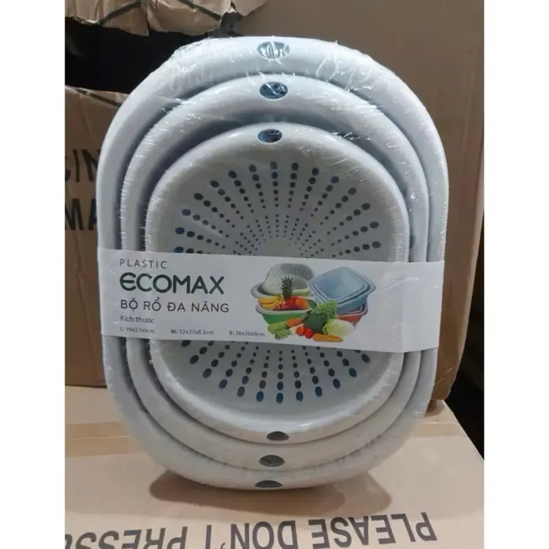 Bộ thau rổ nhựa loại bầu ECOMAX cao cấp 6 món dày đẹp đựng thực phẩm rau quả - Set 3 bộ rổ nhựa bầu kèm thau