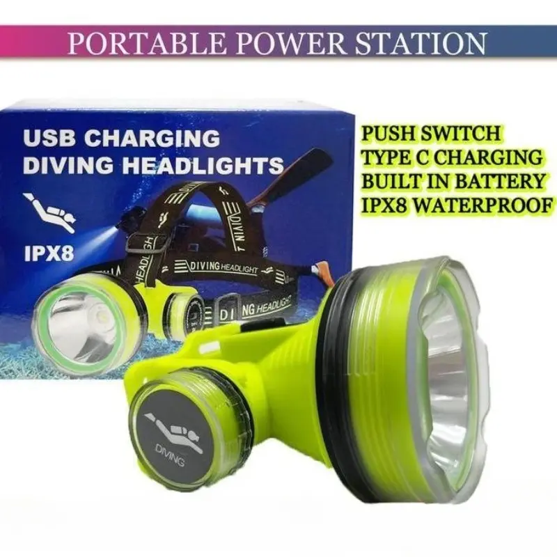 Super Bright Waterproof Led Rechargeable Headlight for Diving Hunting Fishing Light Ready Stock Glass Portable Lighting ( WATERPROOF IP68 )