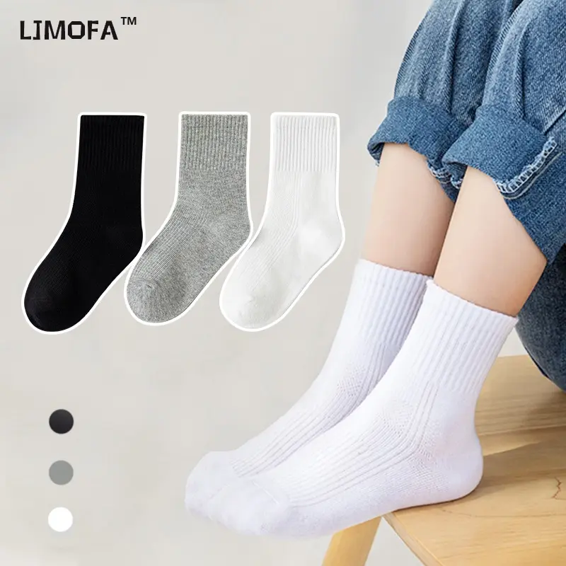 5 Pairs Crew Socks for Student Kids 1-12 Years White Socks Black Gray Mid-calf